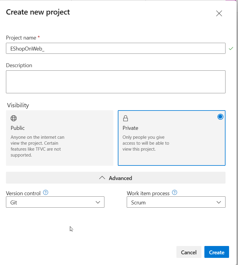 Screenshot of the create new project panel