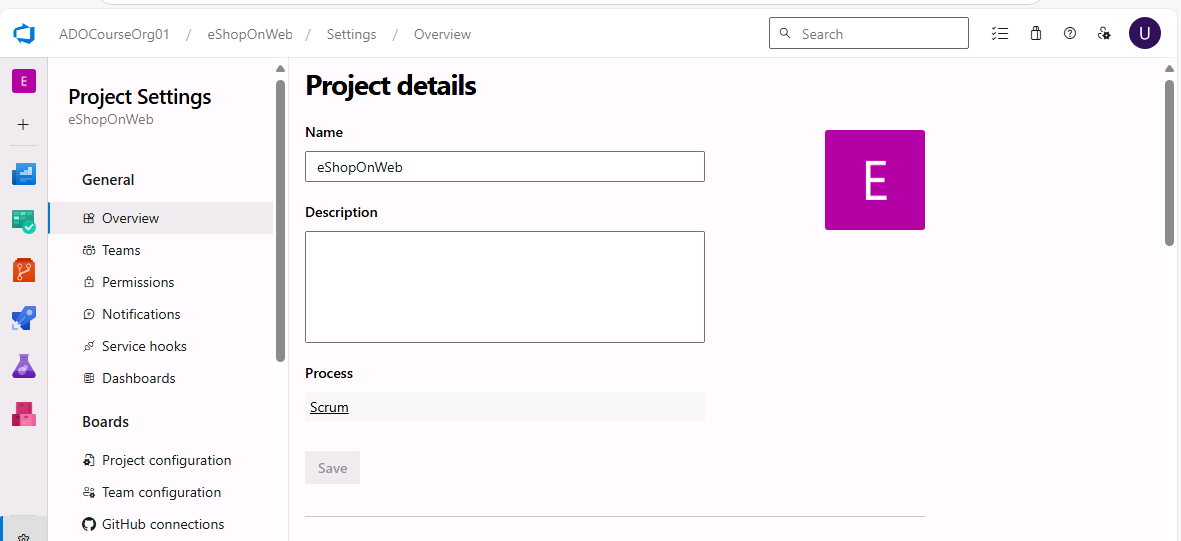 Screenshot of the Azure DevOps settings page.